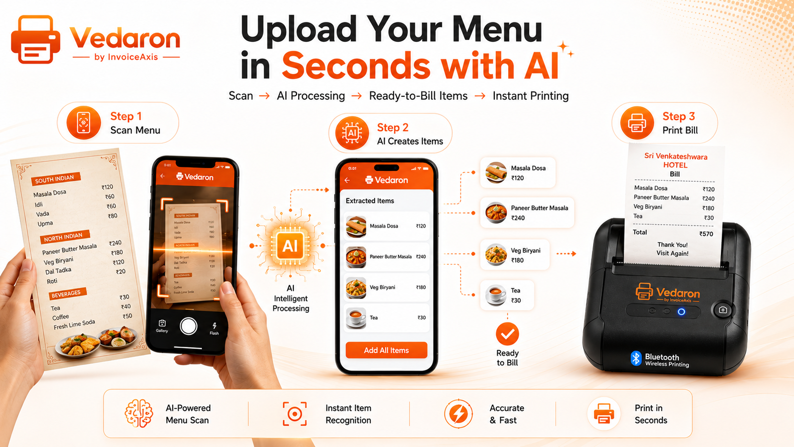 AI Menu Upload for Vedaron POS — scan a menu, review items, and print the bill