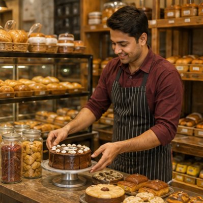 Bakery counter with packed goods and fresh items