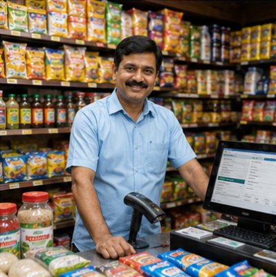 Grocery store aisle with packaged goods for barcode billing