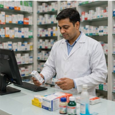Pharmacy shelves with boxed goods for barcode and MRP billing