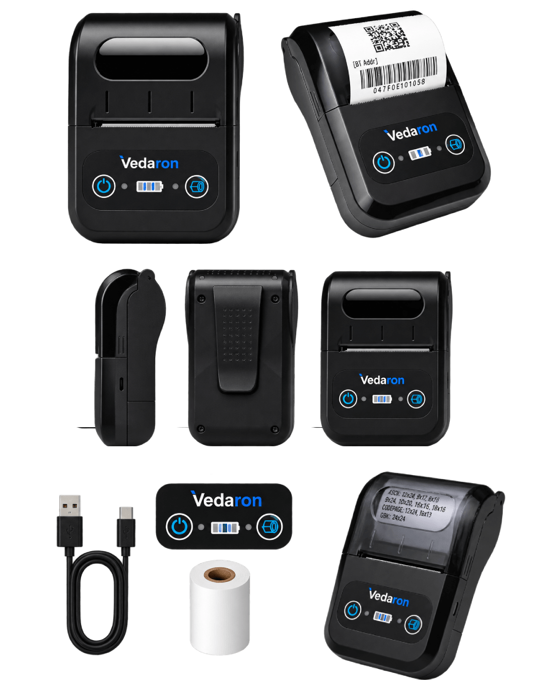 Vedaron POS 58mm mini Bluetooth thermal printer — views, Type-C cable and paper roll
